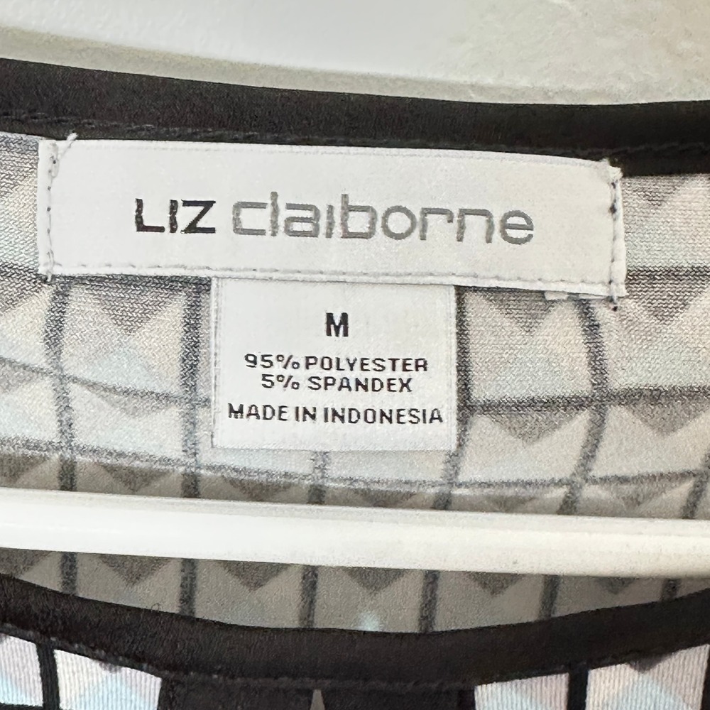 Liz Claiborne Geometric Print Top Black White Long Sleeve Blouse Medium - Picture 4 of 7
